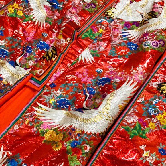 Vintage Japanese Kimono Wedding Red Gold Cranes Flower, Stuffed Hem, Pure Silk - Picture 3 of 6